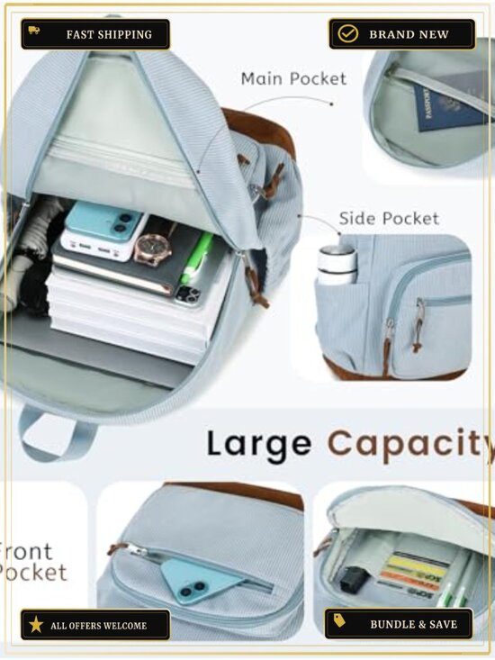 Corduroy Teen Student Backpack Fits 15.6 Inch Laptop 24L School Bag